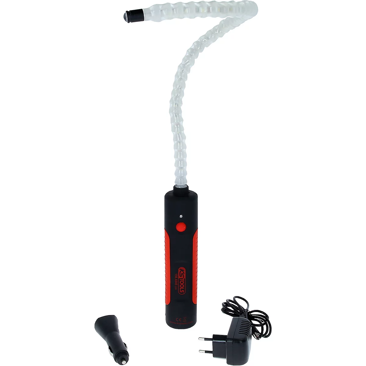 Een flexibele LED-lamp met rode en zwarte behuizing. Accessoires: autolader en voeding.
